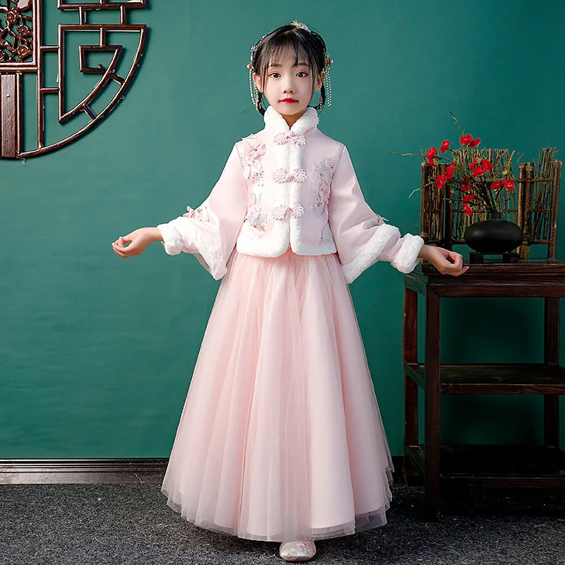 

Winter New Year Dress Girls Embroidery Cotton-padded Clothes Kids Chinese Lovely Ancient Hanfu Children Tang Suit
