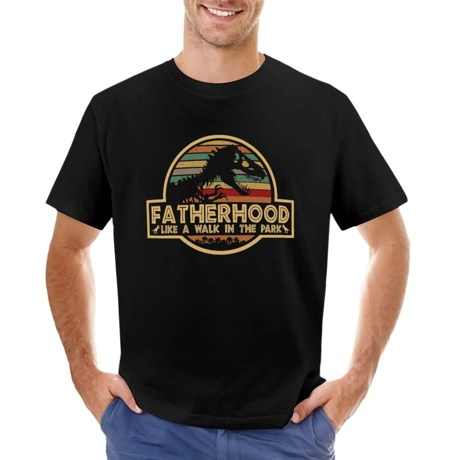 Fatherhood Like A Walk In The Park Retro Vintage T-Rex Dinosaur Father'S Day T-Shirt Abbigliamento Estivo Magliette Alte Da Uomo