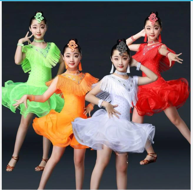 

Tassels Girls Ballroom Latin Dance Clothes Kids Salsa Performance Costumes Girls Sequined Figure Skating Dress Rave Outfits