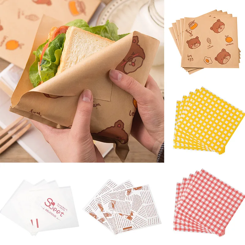 

50pcs Packaging Decor Sandwich Hamburger Packaging Paper Baking Oil Paper Fries Coated Grease Box Food Grade Oil-proof