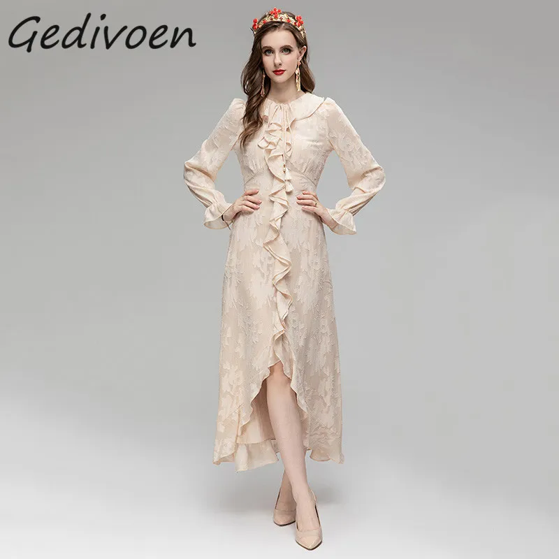 

Gedivoen Summer Fashion Runway Vintage Ruffle Spliced Dress Women Doll Collar Frenulum Pocket Appliques Irregularity Long Dress