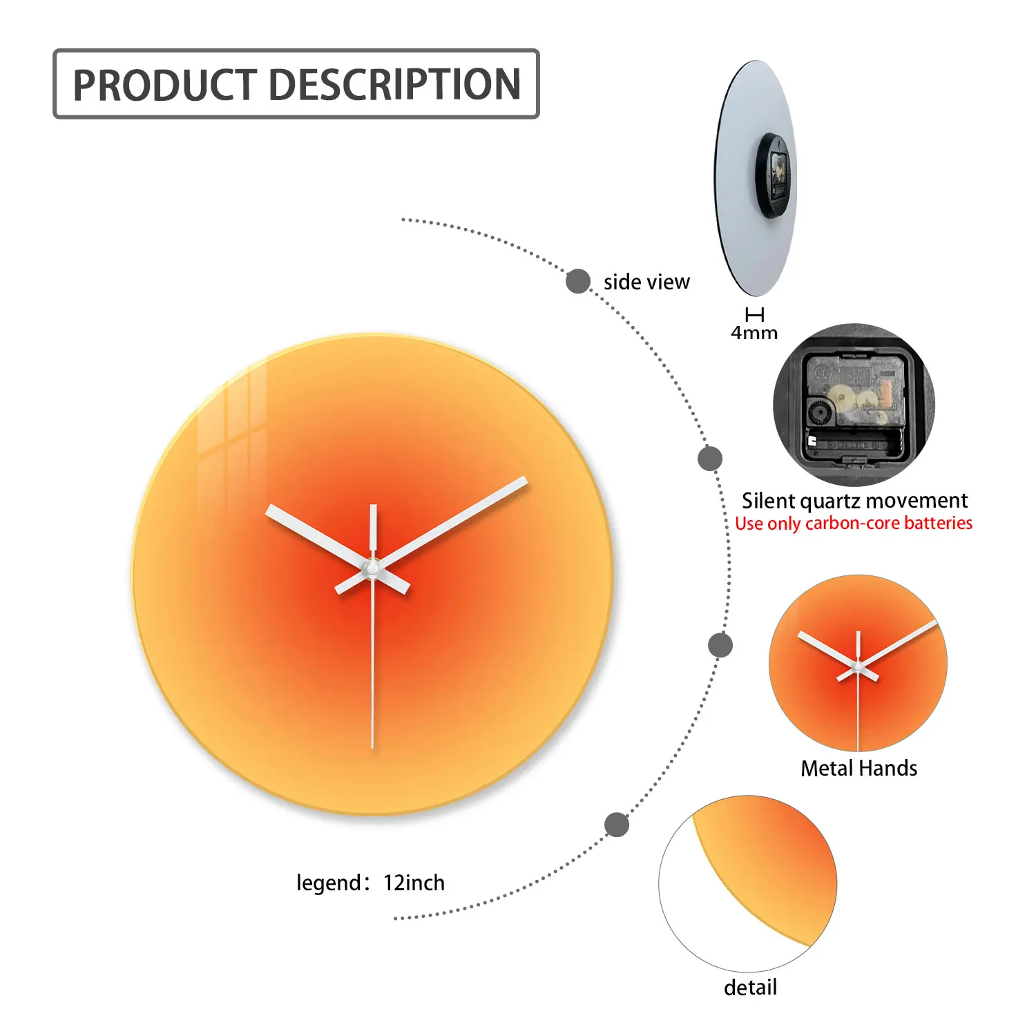 A Creative Gradient Solid Color Tempered Glass Wall Clock, Silent Non-Ticking Timekeeping Wall Clock - Battery-Powered Durable Clock (Battery Not Included), Valentine's Day Gift, Suitable for Bedroom, Living Room, Kitchen, Hallway, Party Venues, Easter, Mother's Day Gift