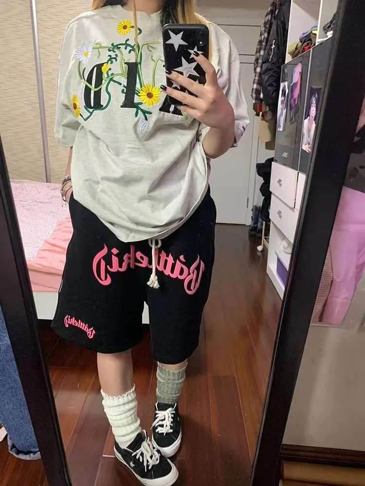 

HOUZHOU хиппи корейские большие карго шорты женские летние Kpop Harajuku Уличная С буквенным принтом широкие брюки винтажные хип-хоп