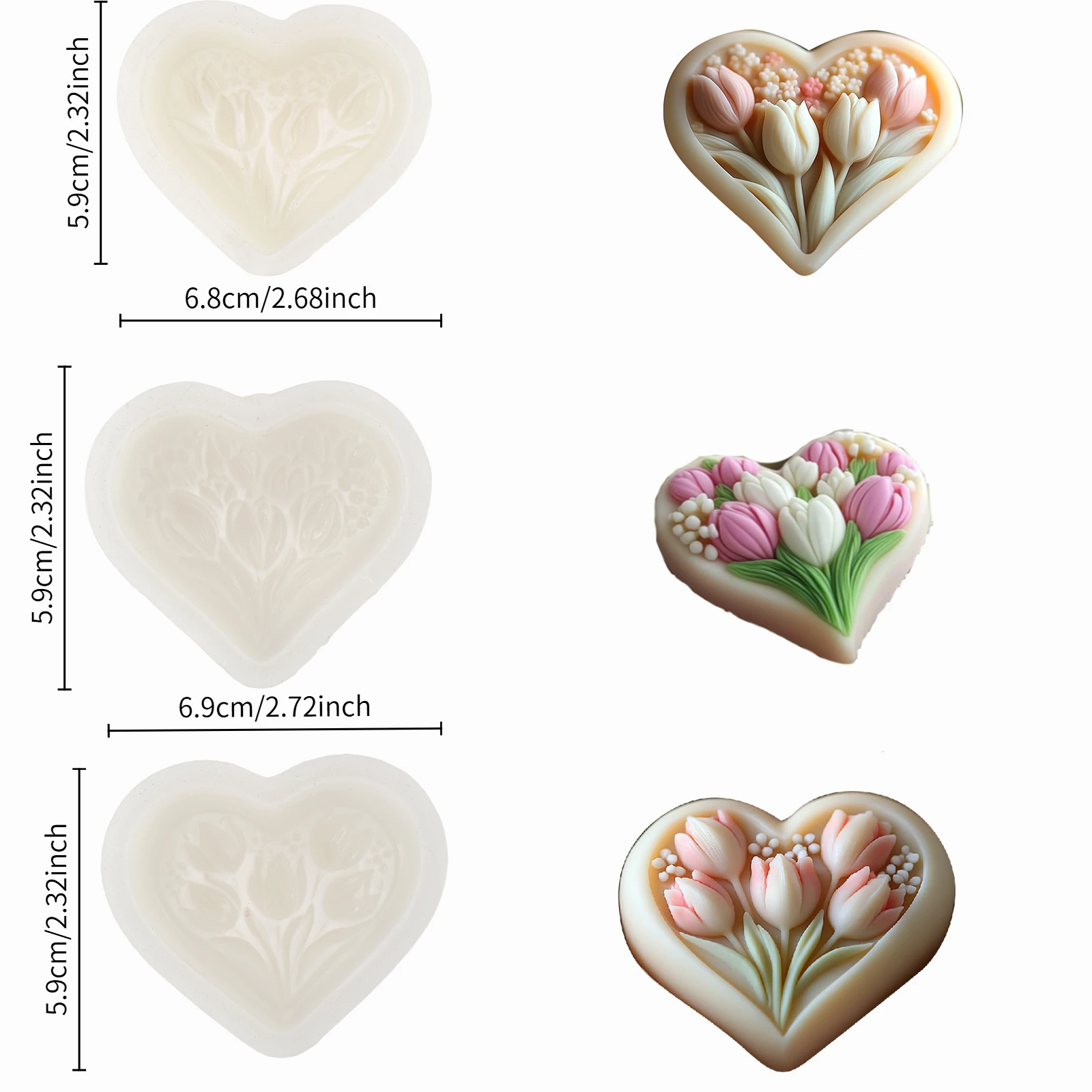3D heart-shaped tulip silicone mold with clear texture easy to clean and demould for handmade DIY soap decoration ornaments
