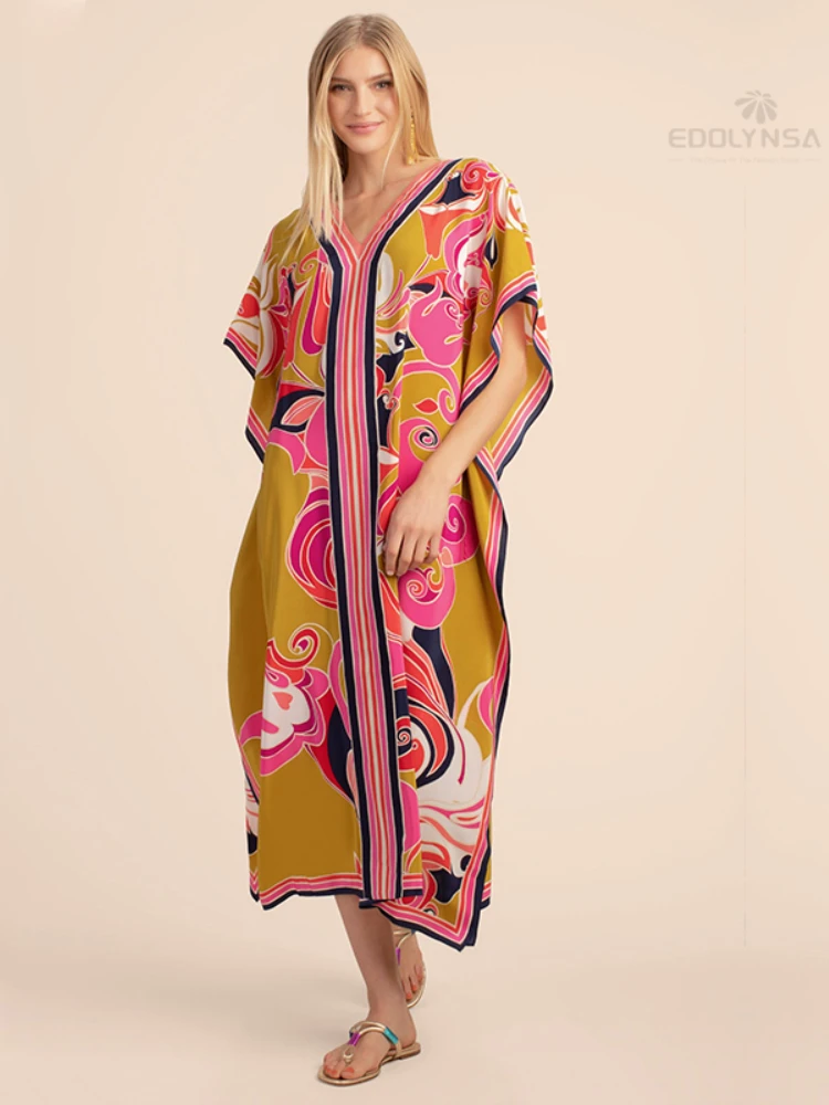 Long Kaftan Bohemian Printed Bikini Cover-ups Sexy V-neck Half Sleeve Maxi Dress Tunic Women Beach Wear Swim Suit Cover Up Q1333 1