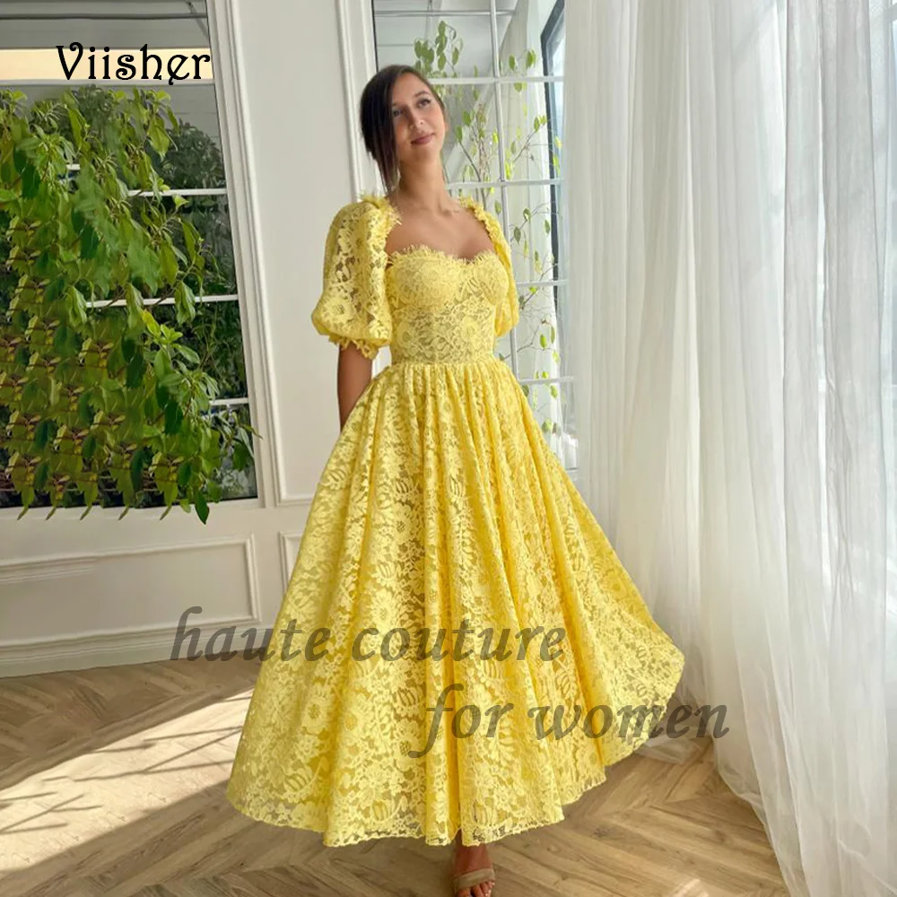 

Yellow Lace Tulle Fairy Evening Party Dresses Half Sleeve Sweetheart A Line Prom Dress Ankle Length Formal Evening Gowns