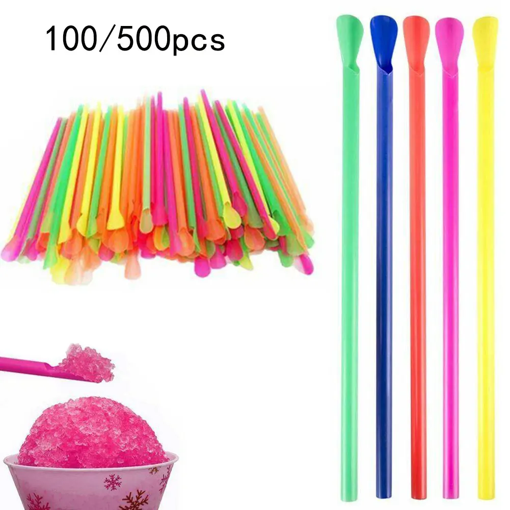 100/500pcs Plastic Spoon Straws Multicolour Milkshake Smoothie Drinking