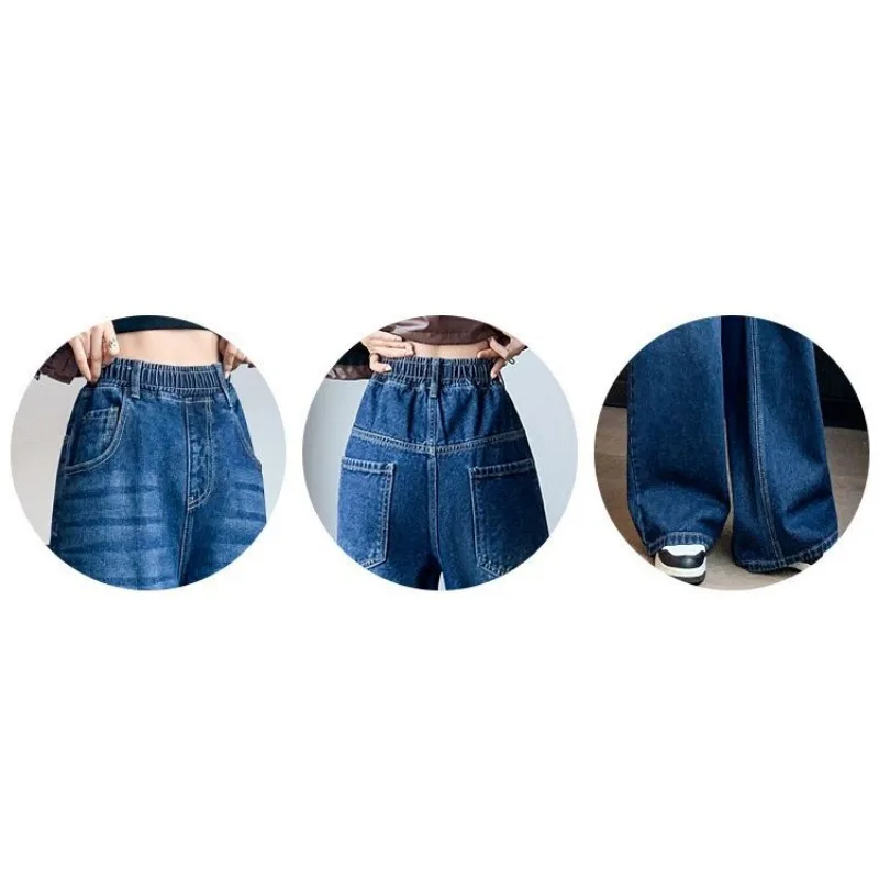 New 2023 Spring Autumn Denim Pants Loose Tight High Waist Wide Leg Straight Trousers Student Plus Size Women 200kg Wearable