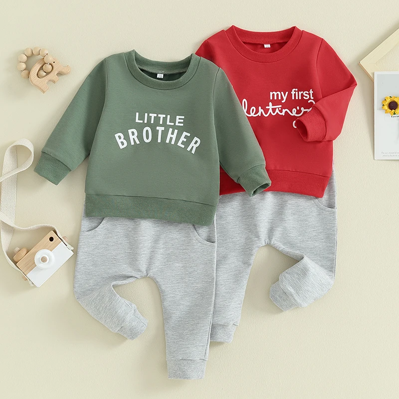 

2023-10-17 Lioraitiin 0-3Y Kid Baby Boys Valentines Day Outfit Letter Sweatshirt Long Sleeve Pullover Top Jogger Pants Clothes