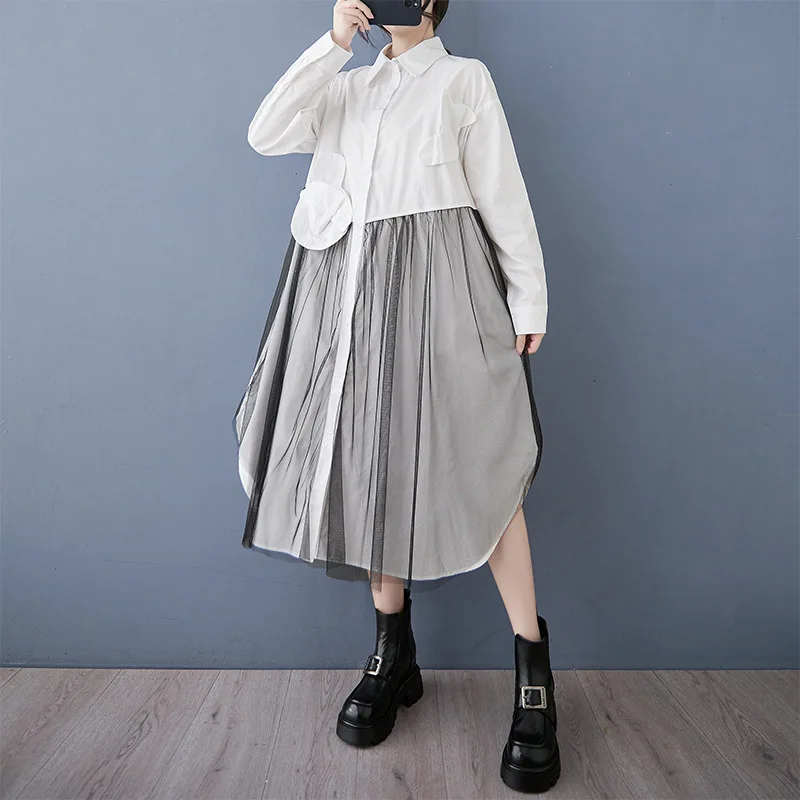 #2609 Black White Women Irregular Shirt Dress Long Sleeve Loose Split Joint Mesh A-line Midi Dress Ladies Single Breasted Spring 6