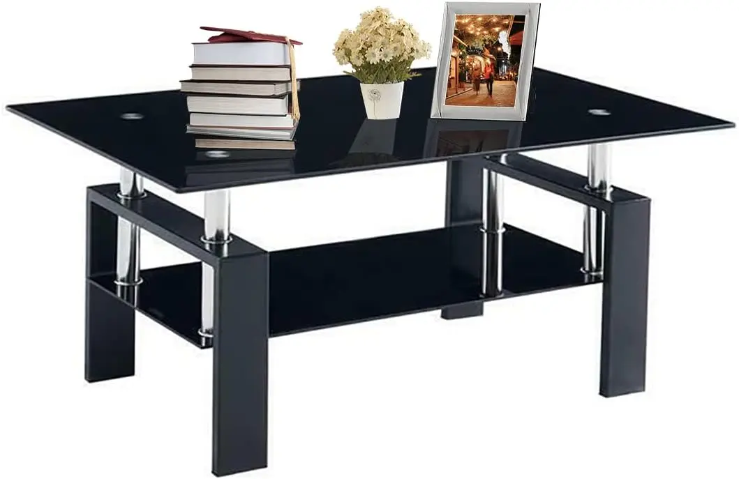 

Glass Coffee Table, Modern Living Room Black Glass Coffee Table with Lower Storage Shelf Wooden Legs End Table 2-Tier Tea Side T