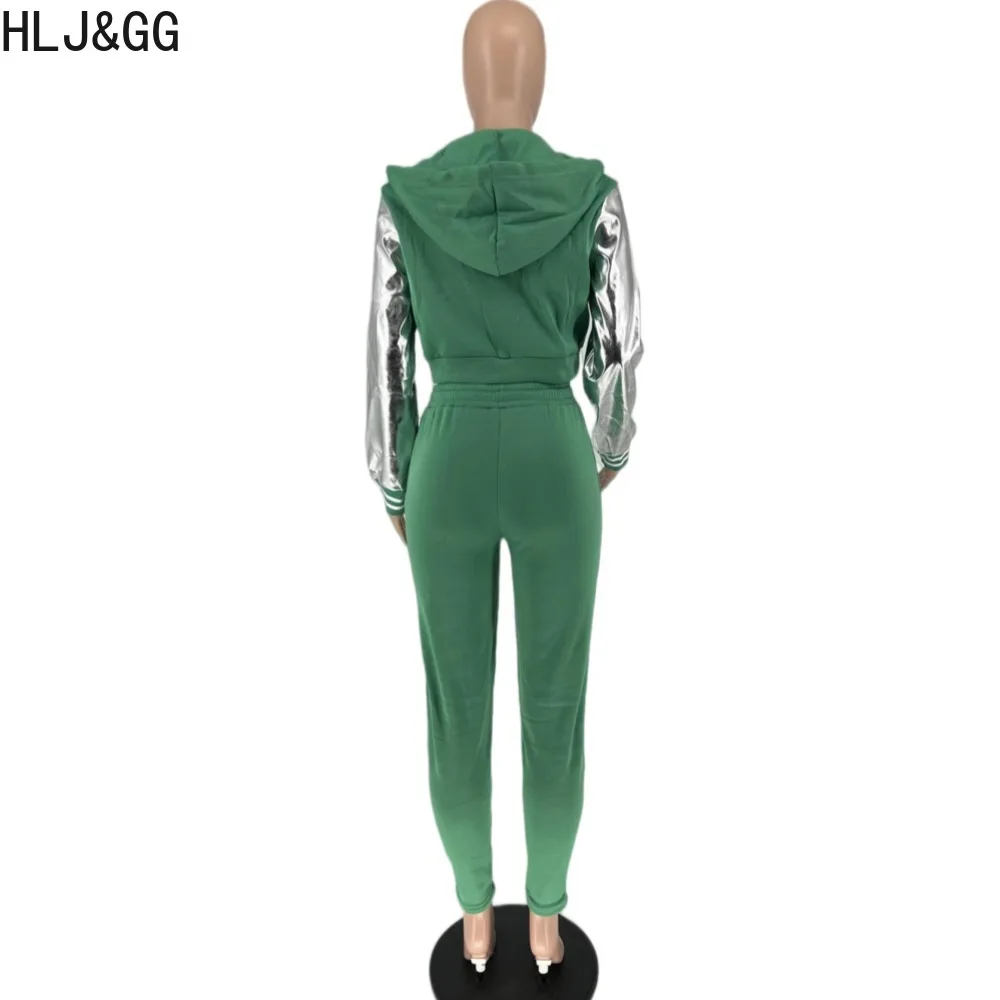 HLJ&GG Autumn Winter Patchwork Hooded Two Piece Sets Women Zipper Long Sleeve Baseball Jacket And Jogger Pants 2pcs Outfits 2023