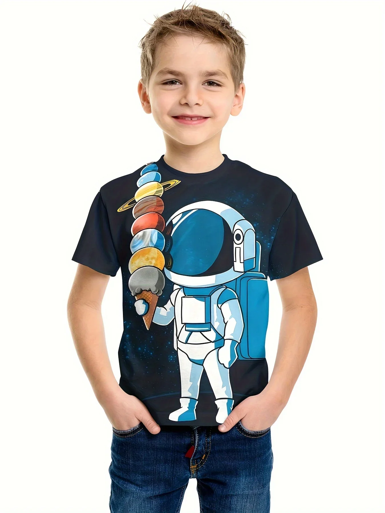 Boys Orange Space Themed Short Sleeves T-Shirt & Shorts With Cap Swimsuit Sets main image 1