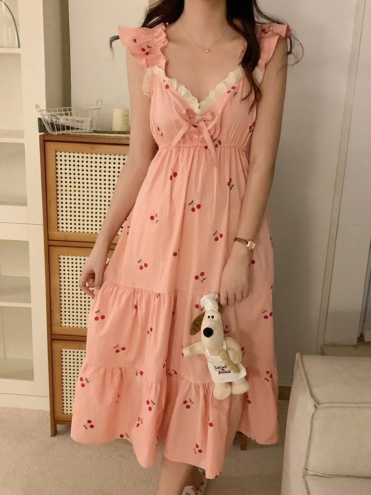 Cherry New Soft Home Pink Sleeveless Korean NightDress Women V-Neck Elegant Kawaii Printing Summer Sexy Sweet Princess Loose Ins