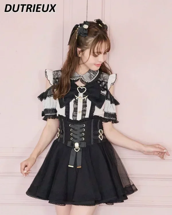 Japanese Mine Off-Shoulder Pearl Collar Cute Sweet Big Bow Shirt Skirt Outfit Women Summer New Lolita Short-Sleeved Shirt Skirts 2