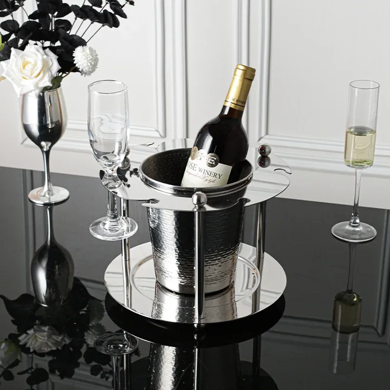 Stainless Steel Luxury Wine Glass and Ice Bucket Set, One-Piece Stand for Red Wine and Champagne, Elegant Home Bar Decor