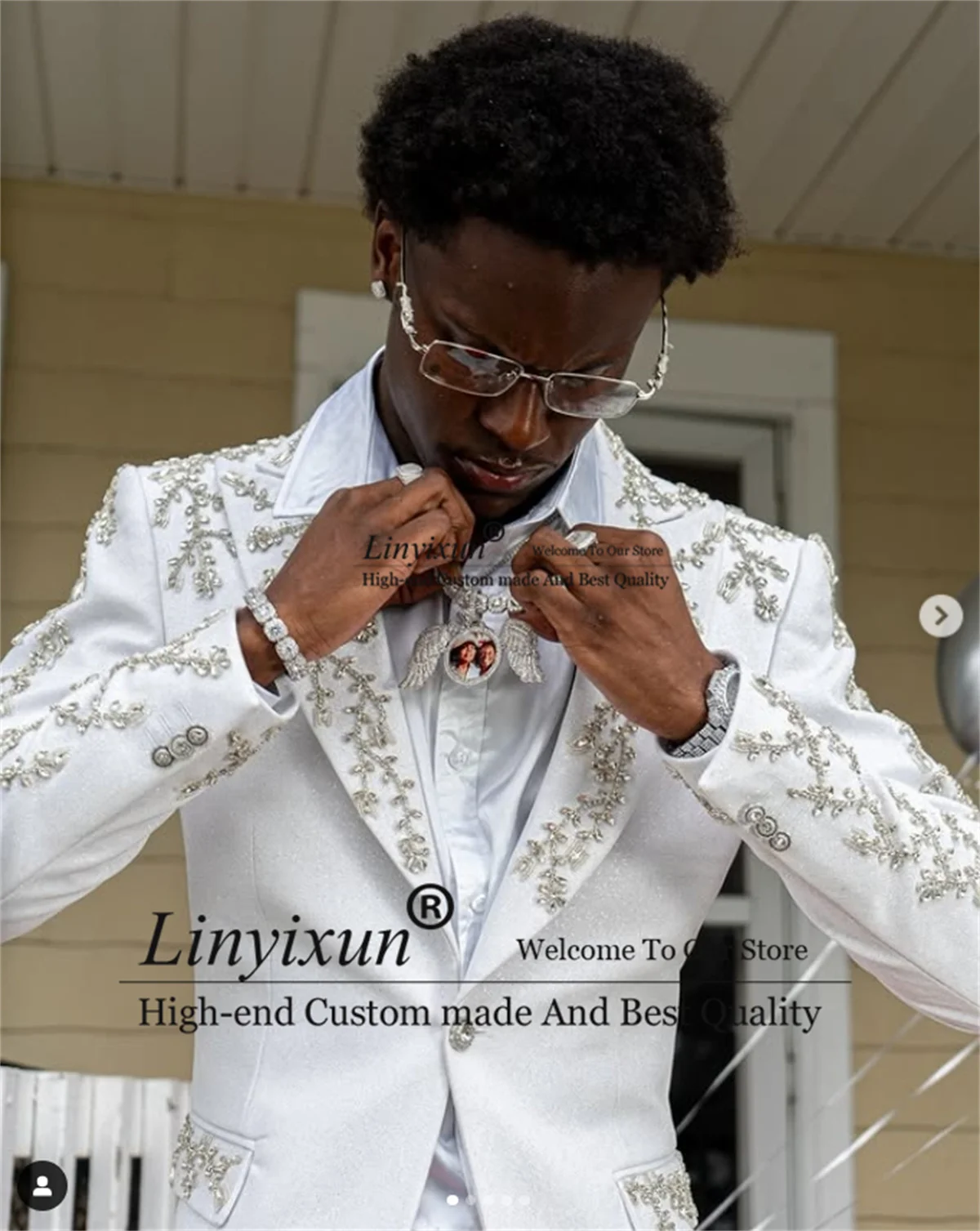 Men's Tuxedos Diamond Beaded Stone 2 Pieces Sets Prom Blazer Formal Banquet Groom Wedding