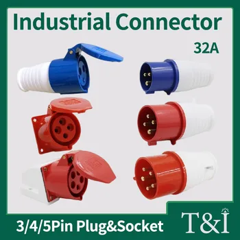 อุตสาหกรรม Connector 3P/4P/5Pin เต้าเสียบปลั๊กไฟ32A IP44กันน้ำแผงติดตั้งซ็อกเก็ตชายหญิง220V 380V ปกปิดอัตโนมัติ 1