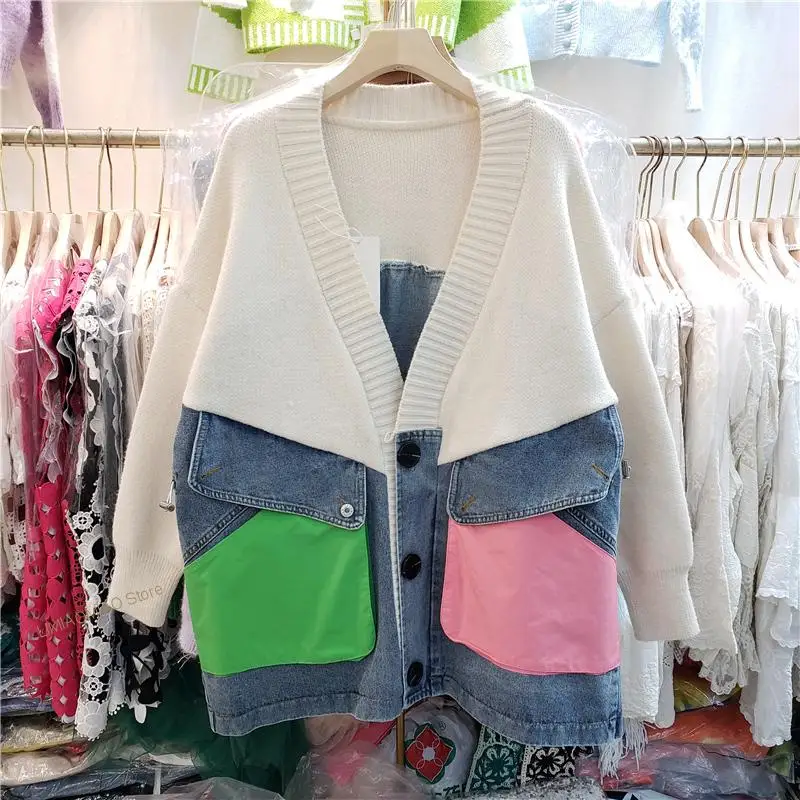 New Autumn Knit Splicing Contrast Color Pockets Denim Jacket V Neck Single Breasted Long Sleeve Loose Casual Female Outerwear