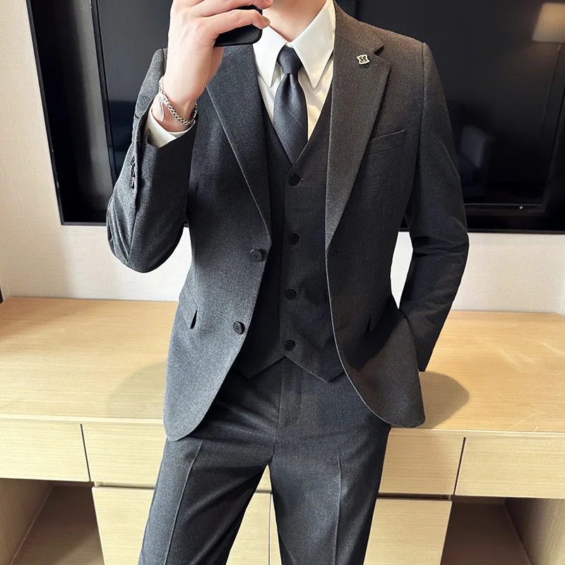 (Jacket+Vest+Pant) Luxury Men's Slim Fit Suits 3-Pcs Formal Business Work Wedding Stage Tuxedo High Quality Suit Plus Size 7XL-S