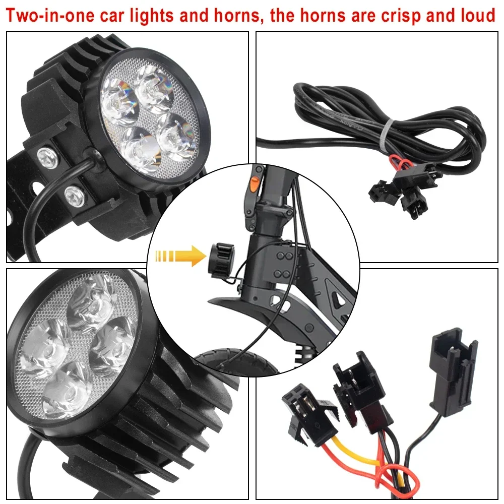 Horn Headlight 2 In 1 Front Light For KUGOO M4 PRO Electric Scooter 12-80V Night Safety Lamp Parts Accessories