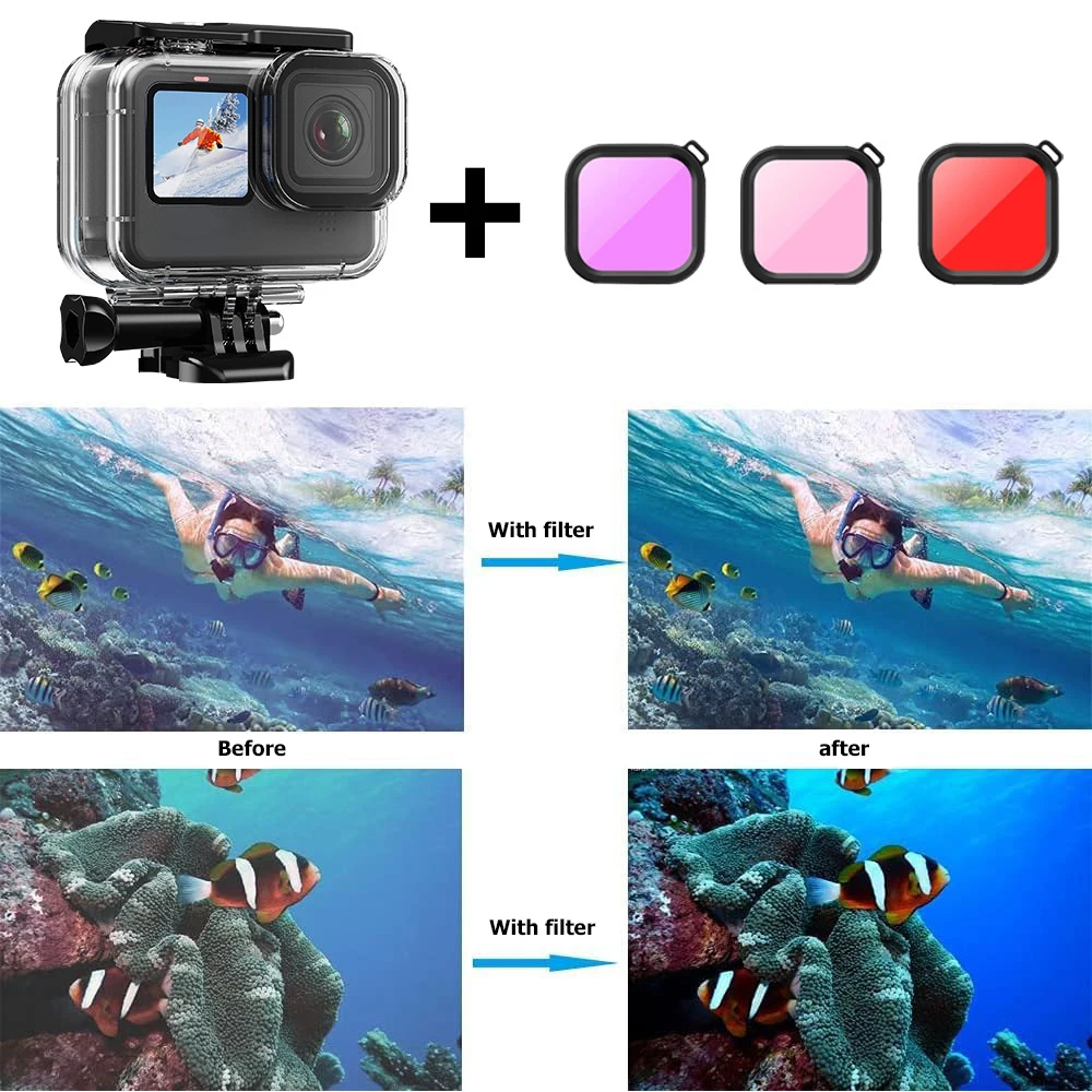 Boîtier étanche avec filtre rouge pour améliorer les couleurs sous l'eau, compatible GoPro Hero 13 12 11 10 9