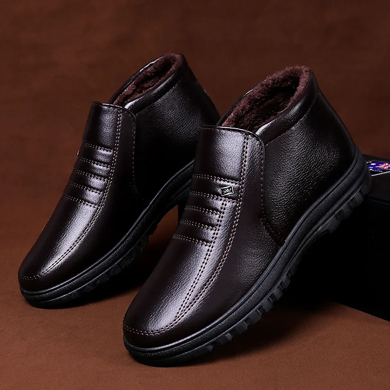 Plus Size Winter Waterproof Men's Casual Leather Shoes Flannel High Top Slip-on Warm Winter Shoes for Mens Work outdoor boots chelsea boots men leather boots
