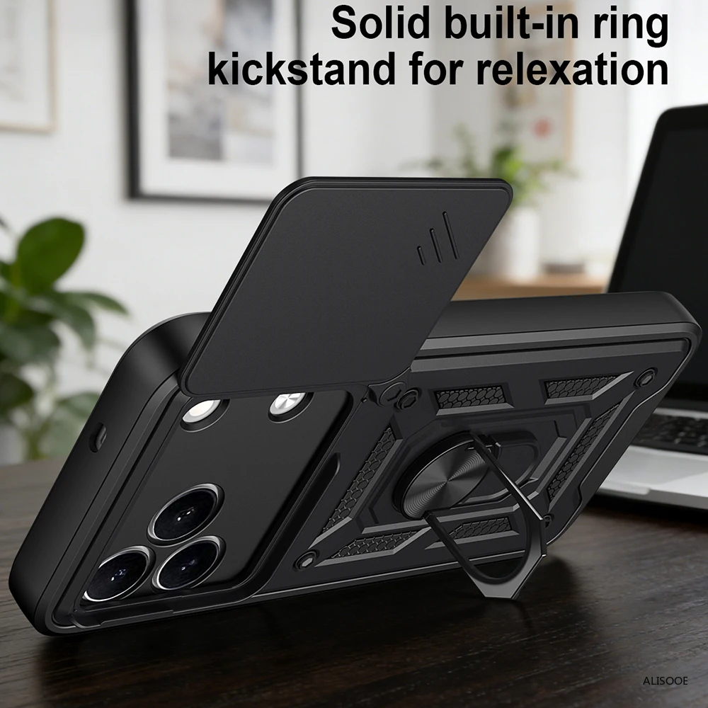 Shockproof Phone Cover with Slide Camera Lens and Ring Stand Holder