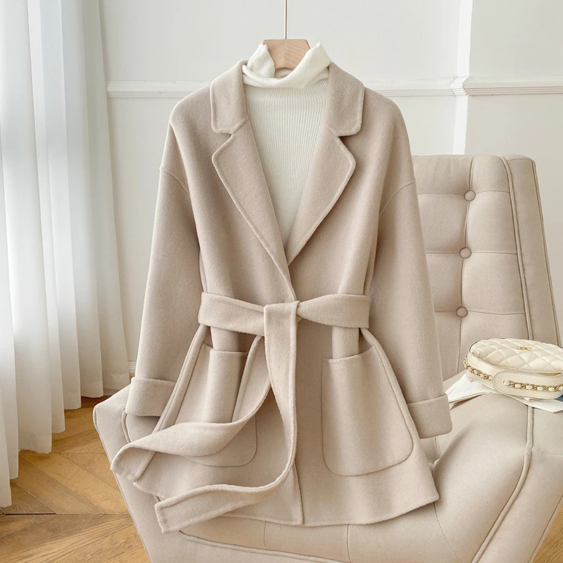 

2023 Autumn/Winter New Hepburn Style Double sided Zero Cashmere Coat Women's Short High end Small Tall Woolen Coat
