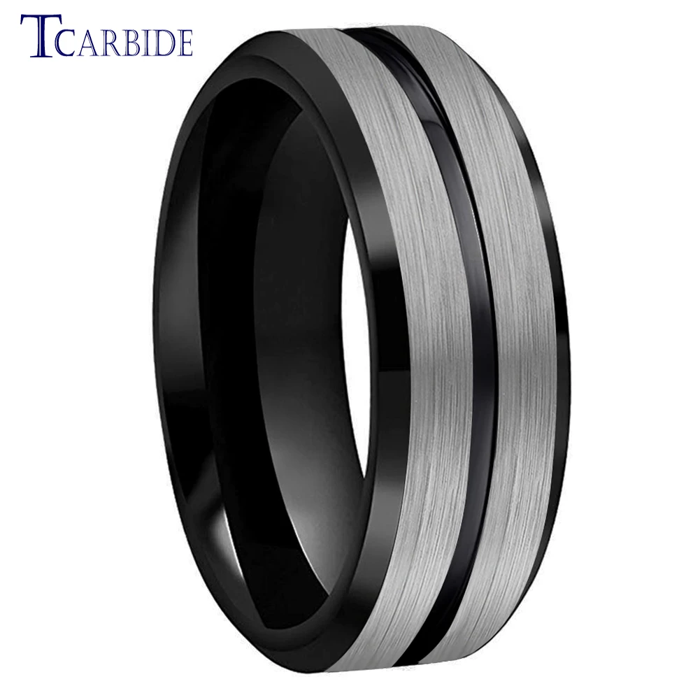 Dropshipping TCarbide 8MM Black Tungsten Wedding Band Men Women Engagement Ring Grooved Brushed Classic Dailylife Gift Jewelry