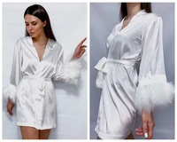 White Feather Robe With Fur Full Sleeves Sleepwear Satin Robes For Women Nightgown Bride Robe Gown Dress Bathrobe Female - Image 2