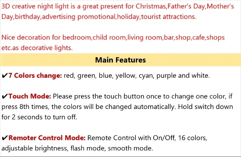 Description Picture 2 of itemNighdn Dinosaur Night Light LED 3D Illusion Lamp Acrylic Led Nightlight Bedroom Decoration 7 Color Changing Gift Kids Boys Girls