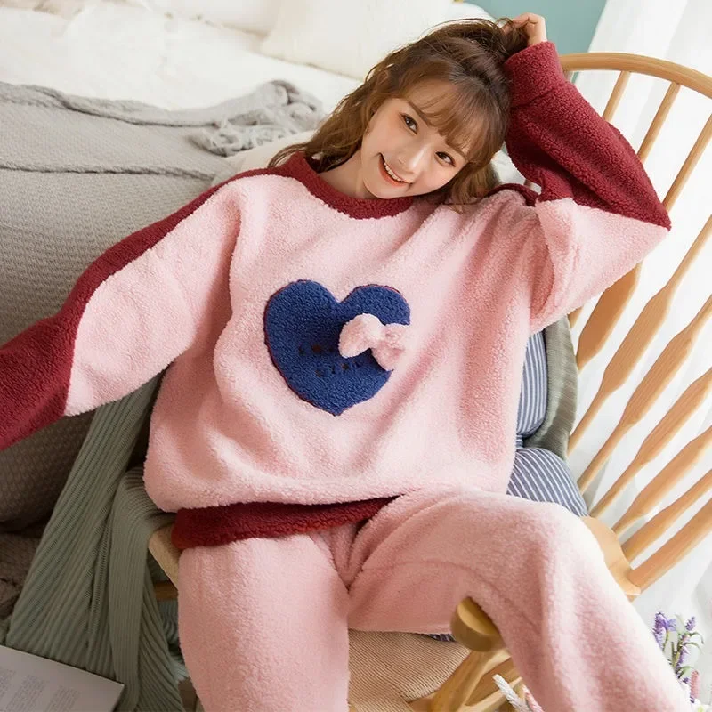 Winter New Women Sleepwear Thickened Plush Loungewear Coral Velvet Double-sided Lamb Down Warm Female Flannel Homewear Set 2024