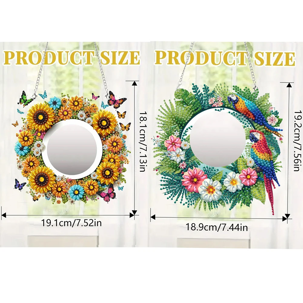 2D Flat DIY Sunflower Parrot Hanging Mirror Diamond Art Kits Wall Door Decoratio