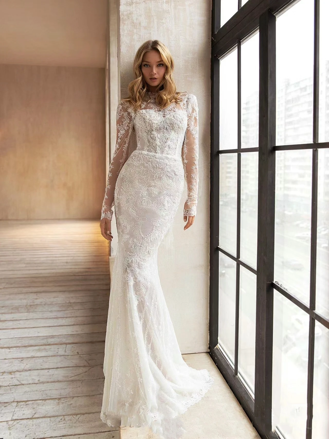 Beautiful Wedding Dresses With Detachable Train O-Neck Long Sleeves Bridal Gowns Lace Appliques Vestidos De Novia Customized 2