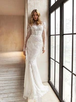 Beautiful Wedding Dresses With Detachable Train O-Neck Long Sleeves Bridal Gowns Lace Appliques Vestidos De Novia Customized 2