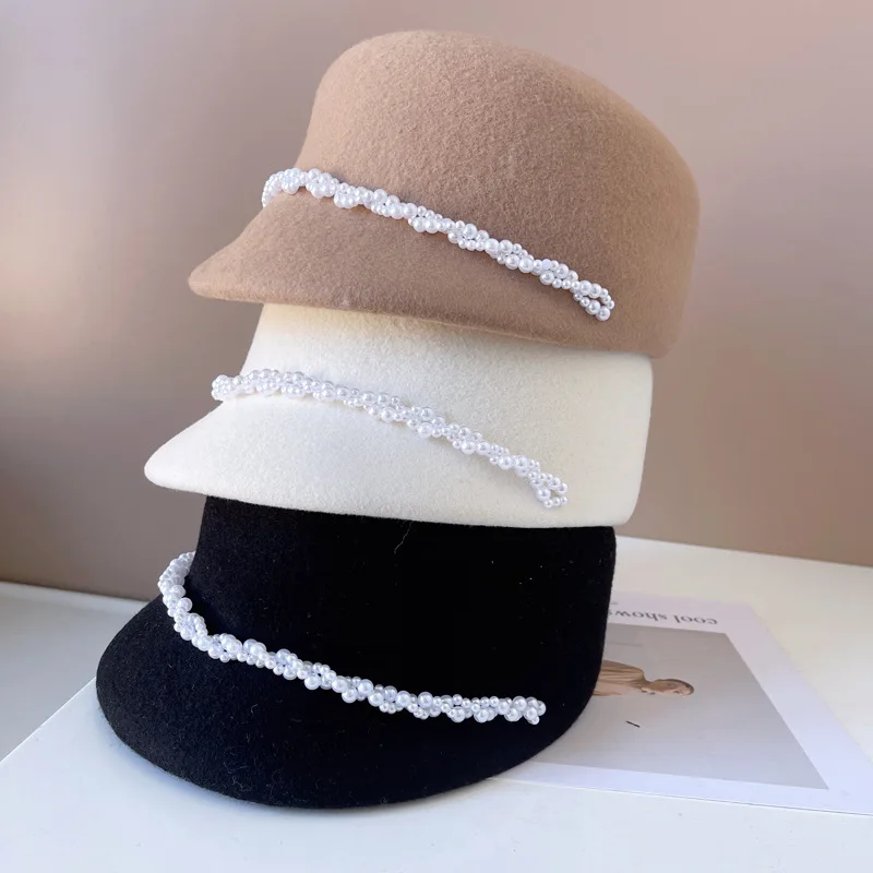 

202308-xuxu chic dropshipping japan pearl milk white wool flet grace lady newsboy cap Octagonal cap visors cap
