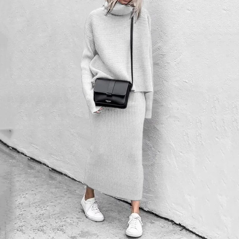 Knitted 2-piece Set Women's Fall/winter Leisure High Neck Loose Sweater +Knitted Skirt Suit Elegant and Fashionable Knitted Suit