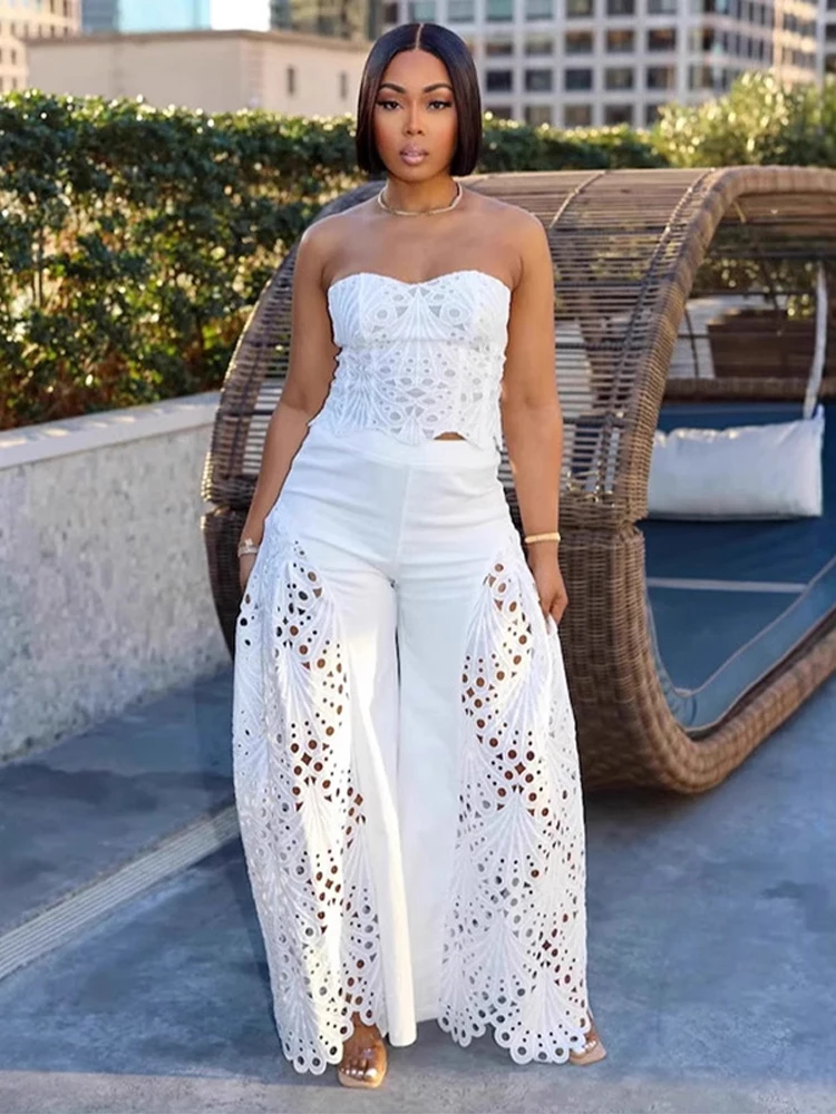 Sexy Strapless Hollowed Top Pants 2 Piece Set Women Chic Solid Sleeveless Vest Straight Pant Suit Female Summer Chic Casual Sets