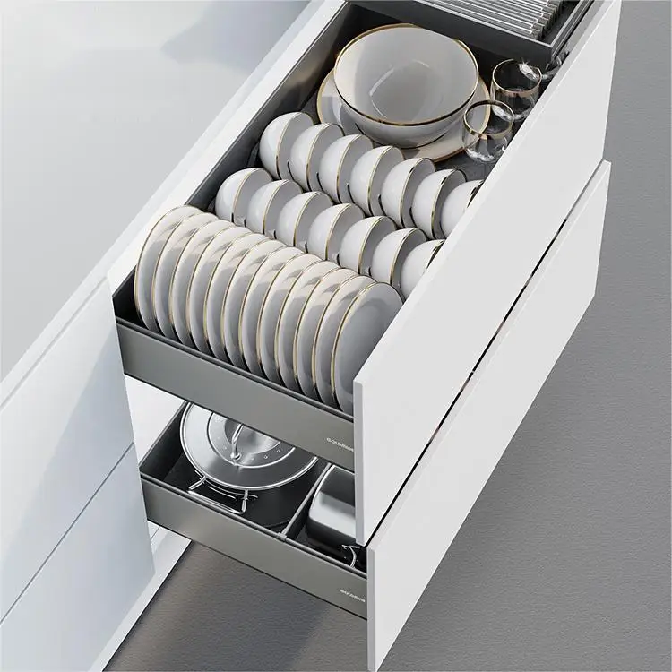Goldmine Soft Close Drawer Slide Furniture Cabinet Drawer Aluminum Pull Out Plate Rack Pan Storage Set For Kitchen