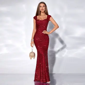 Ele High-Waist Long Dr with Sequins V-Ne Strap Fi-Tail Design Pure Color Midi Dr Summer Season Women's Faion 1