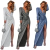Соблазнительные однотонные платья с V-образным вырезом, женские осенние укороченные Блестящие модные плиссированные костюмы в стиле пэчворк, женское облегающее вечернее платье с длинным рукавом 3