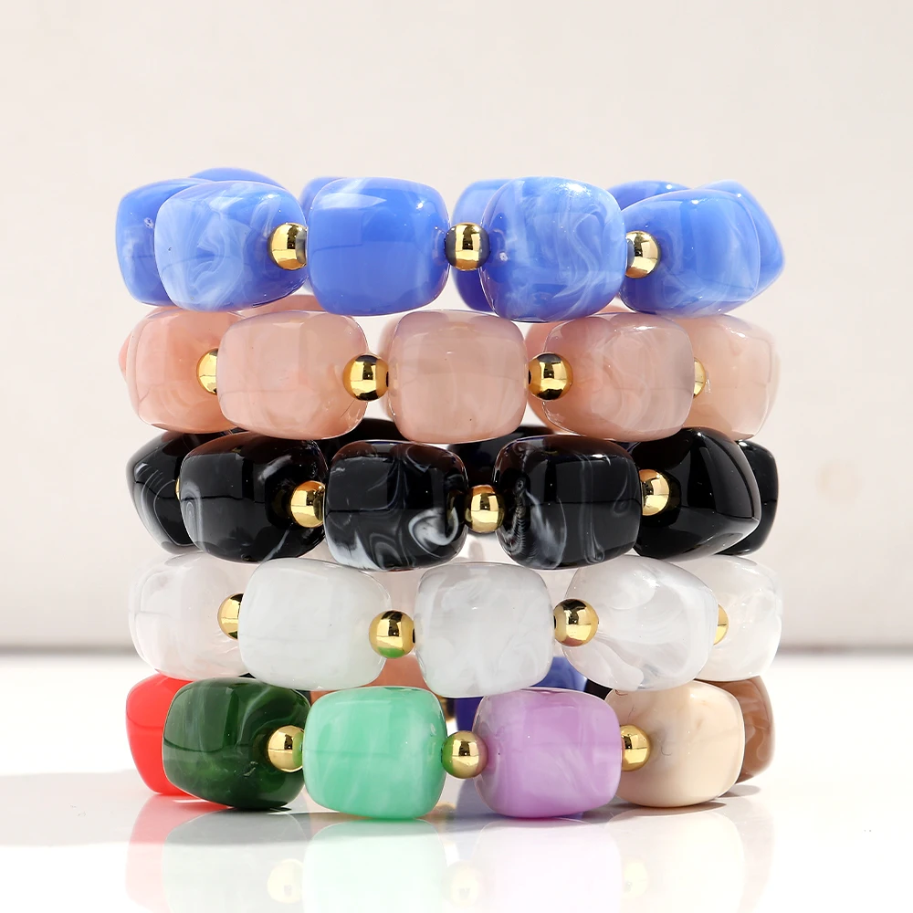 Exaggerated Geometric Beaded Acrylic Elastic Bracelets for Women Men Boho Trendy Square Beads Stack Bangle Retro Jewelry Gift
