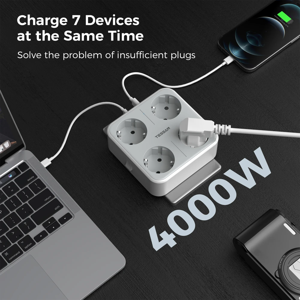 TESSAN Multiple Wall Socket Extender 4 Outlets 2 USB 1 Type C 7 In 1 Plug Socket with Switch Overload Protection