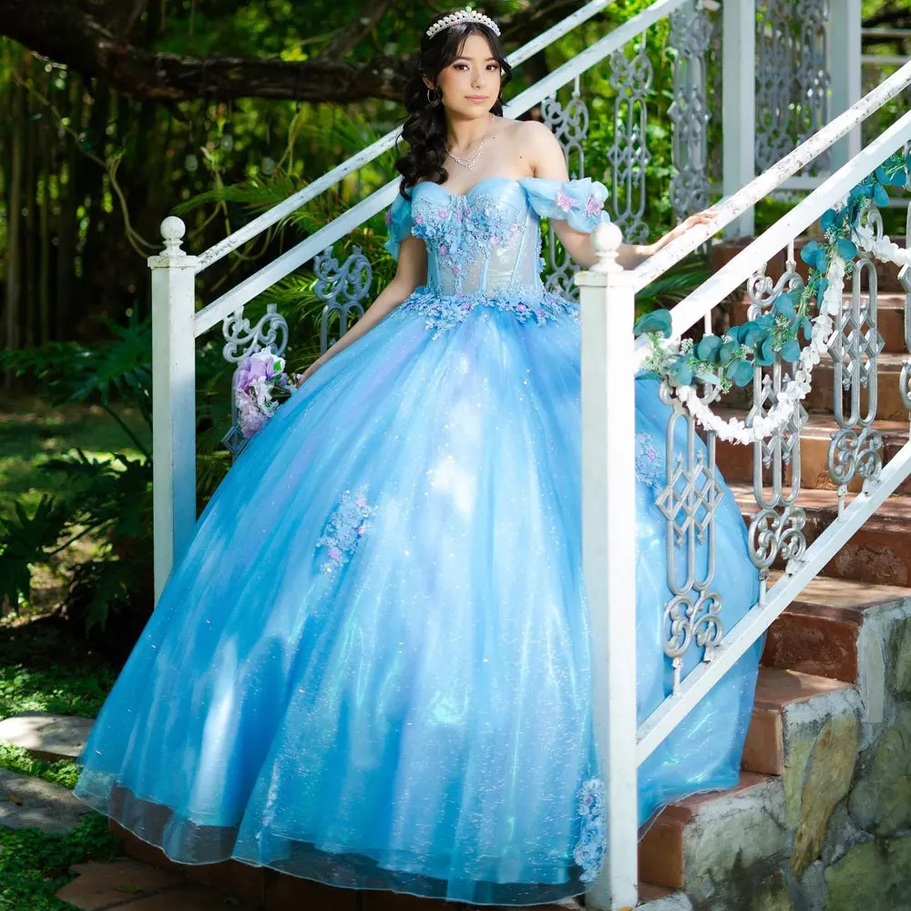 

Blue Vestidos De 15 Años Tulle Quinceanera Dress 2024 Shining 3D Flower Sweet 16 Birthday Party Gown Sweetheart Princess Pageant