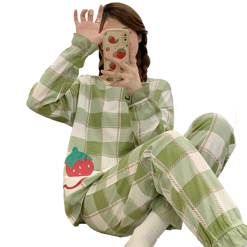 Pajamas Women's knitting cotton home clothes for spring and autumn wear pullover cartoon long sleeve suit round neck plaid