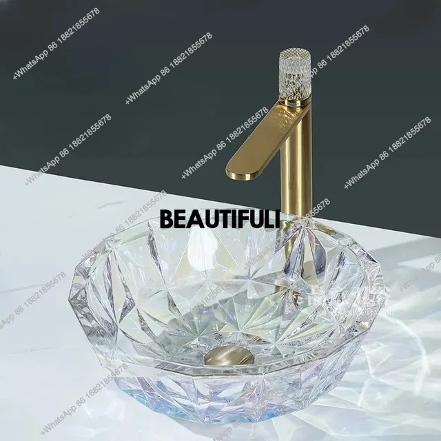 อ่างล้างหน้าคริสตัลสไตล์มินิมอลหรูหราแบบเรียบง่าย สำหรับห้องน้ำในบ้าน โรงแรม ทำจากแก้วใส 2