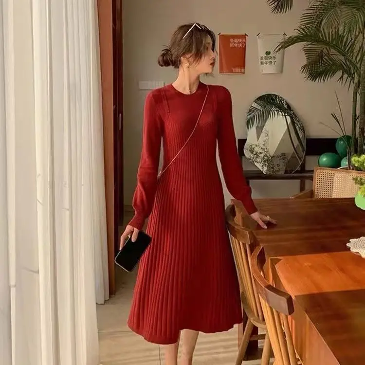 

2023 Long Knitting Women Maxi Sweater Dress Warm Round Collar Loose Tunic Dress High Street Baggy Midi Pullover Dresses U100