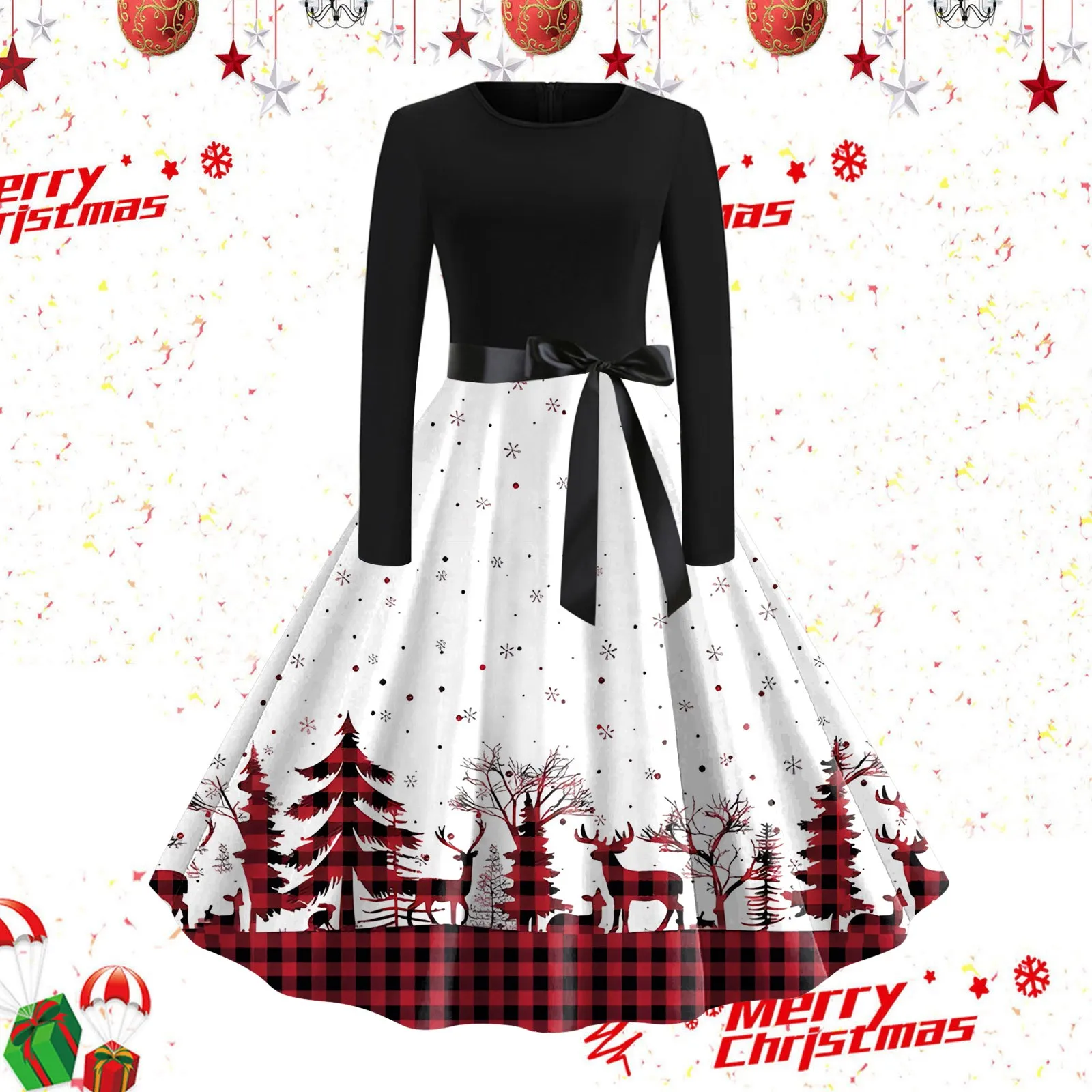 

Winter Christmas Dresses Women 50s 60s Vintage Robe Swing Pinup Elegant Party Dress Long Sleeve Casual Print Black Robes