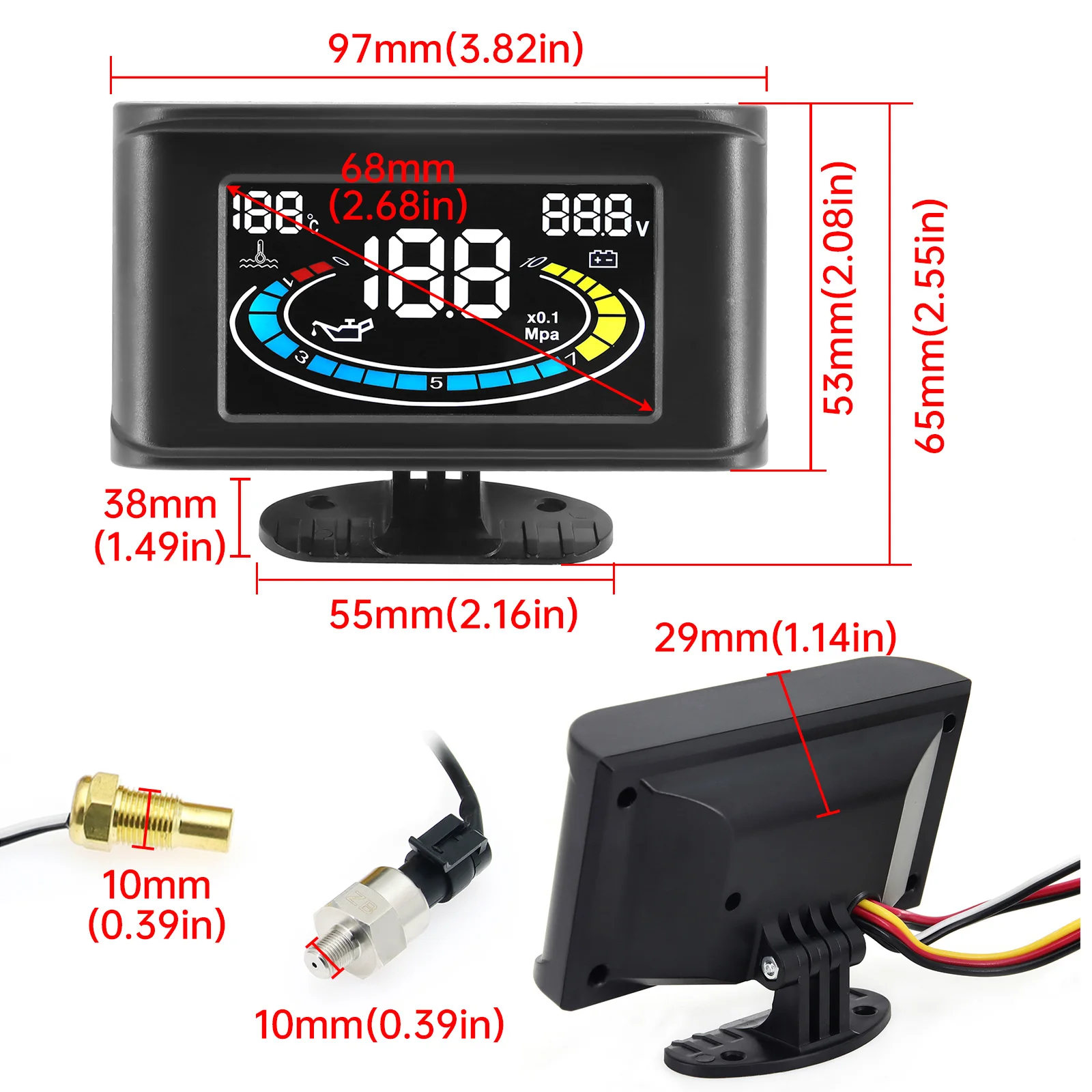 LCD 3 in 1 Gauge Oil Pressure Gauge + Voltmeter Voltage Gauge + Water Temperature Gauge Sensor 10mm npt 1/8 oil press meter 12v